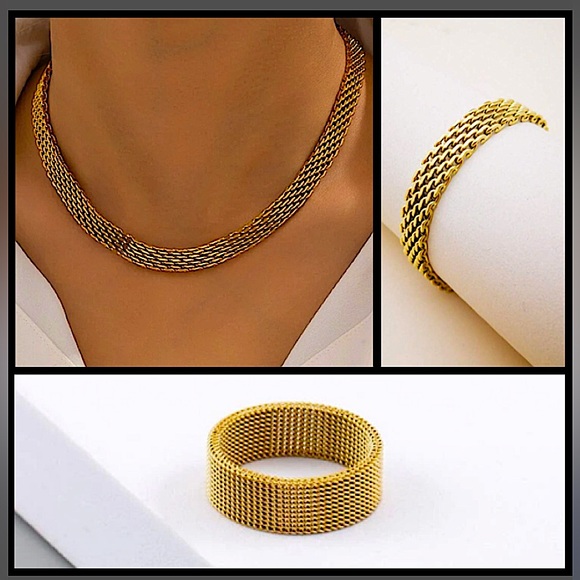 Gold Plated Mesh Necklace Bracelet Ring Matching Set 18K Chain Necklace - Picture 1 of 14